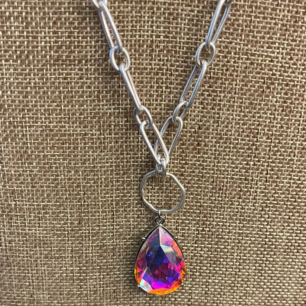 Pink Panache Elegant Silver Necklace with Iridescent Teardrop Pendant